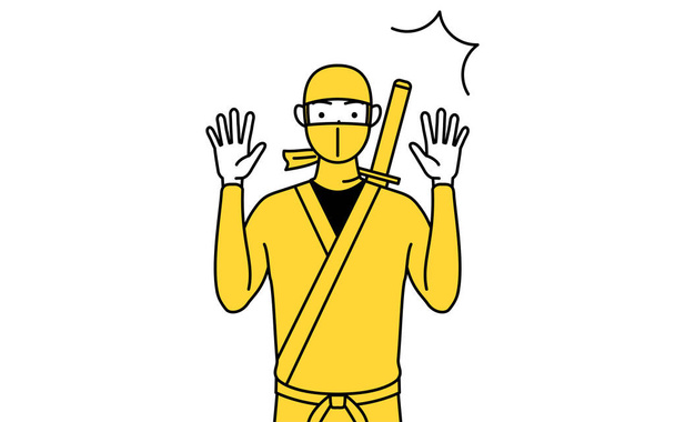 A man dressed up as a ninja raising his hand in surprise. - Vector, Imagen