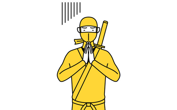 A man dressed up as a ninja apologizing with his hands in front of his body. - Vektor, kép