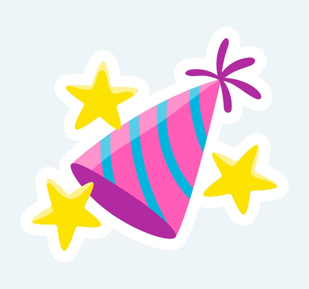 Cute striped festive hat with stars for celebrates birthday. Vector illustration in cartoon sticker design - Vecteur, image