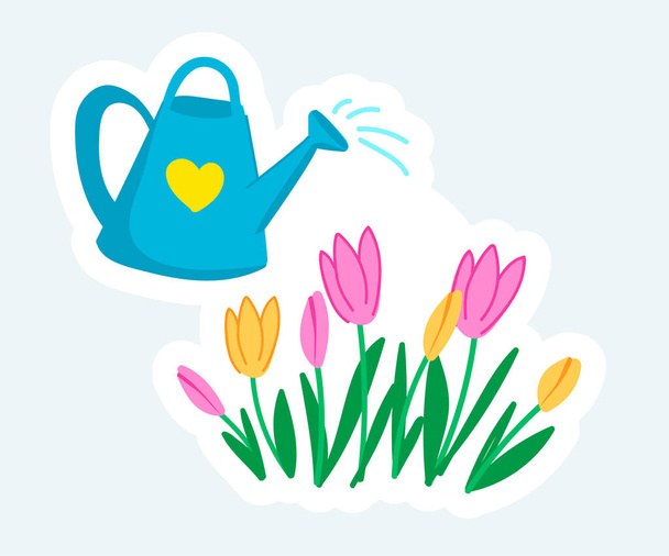 Zavlažování plechovky a tulipány květiny. Jarní a letní přírodní sezóna. Vektorová ilustrace v kresleném designu samolepky - Vektor, obrázek