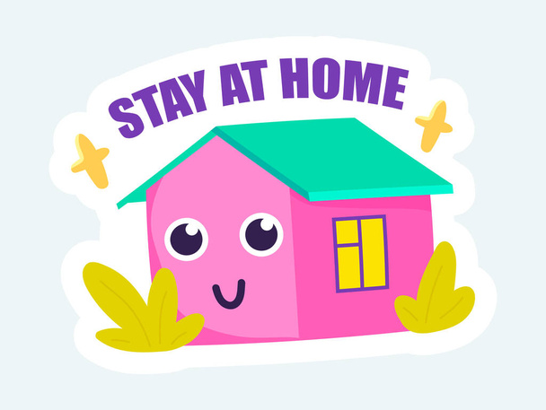Sweet house with smiling face and Stay at home text quote. Vector illustration in cartoon sticker design - Vecteur, image