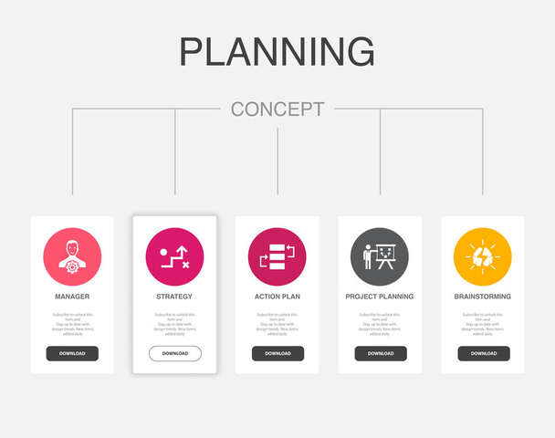 manager, Strategy, Action Plan, Project Planning, brainstorming, icons Infographic timeline layout design template. Creative presentation concept with 5 options - Wektor, obraz