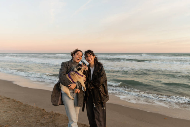 Glückliche Freunde mit Smartphone und Mops am Strand in Spanien  - Foto, Bild