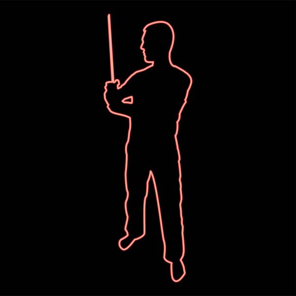 Neon kılıçlı adam elinde soğuk silahlar çeşitli pozisyonlarda avcı avcı bıçaklı asker güçlü savunma silahı konsepti kırmızı renk tasviri düz stil resim çizimi - Vektör, Görsel