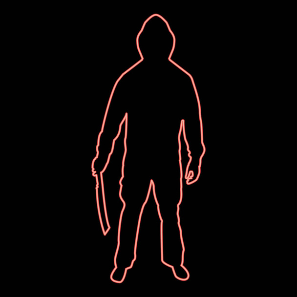 Neon man with sword machete Cold weapons in hand military man Soldier Serviceman in various positions Hunter with knife Fight poses Strong defender Warrior concept Weaponry Standing red color vector illustration image flat style light - Wektor, obraz