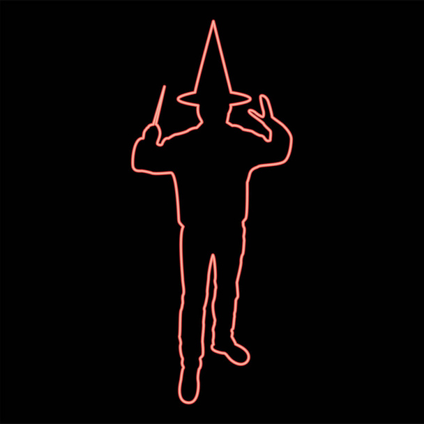 Neon wizard holds magic wand trick Waving Sorcery concept Magician Sorcerer Fantasy person Warlock man in robe with magical stick Witchcraft in hat mantle Mage conjure Mystery idea Enchantment red color vector illustration image flat style light - Vecteur, image