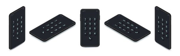 Οθόνη κλήσης σε smartphone, μαύρο τηλέφωνο ισομετρική σύνολο. Ρεαλιστικό πληκτρολόγιο κινητής οθόνης με αριθμούς και γράμματα πρότυπο. Διανυσματική οθόνη αφής mockup συσκευή πληκτρολόγιο μαύρο interface. Σχεδιασμός προσομοίωσης τηλεφώνου - Διάνυσμα, εικόνα