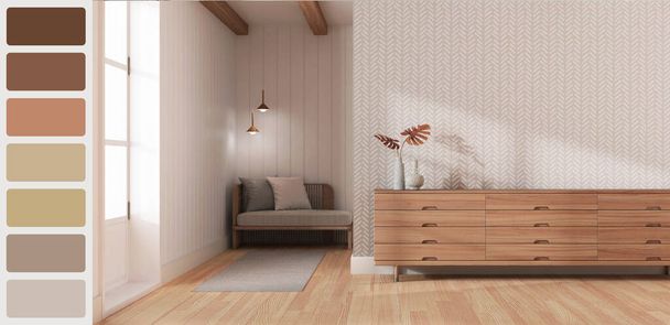 Interior design scene with palette color. Different colors and patterns. Architect and designer concept idea. Japandi wooden living room with chest of drawers - Fotografie, Obrázek