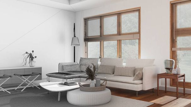 Architect interior designer concept: hand-drawn draft unfinished project that becomes real, modern living room. Fabric sofa and wooden furniture. Japandi style - Foto, Imagem