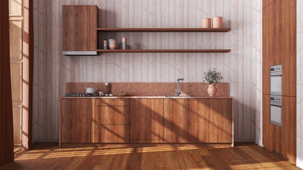 Farmhouse wooden kitchen with appliances in white and orange tones. Cabinets, shelves, wallpaper and parquet floor. Japandi interior design - Foto, Bild