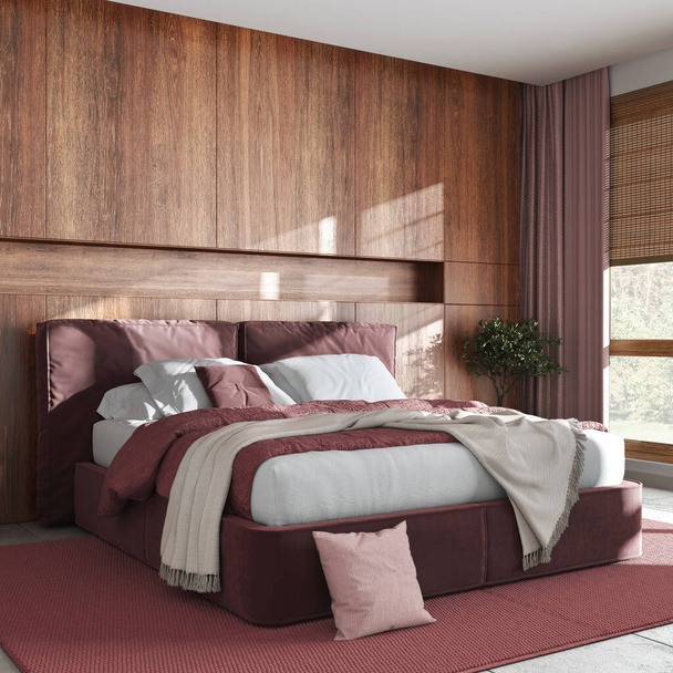 Cozy bedroom close up. Wooden headboard in red and beige tones. Velvet bed, bedding, pillows and carpet. Contemporary minimalist interior design - Valokuva, kuva