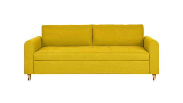 Желтый тканевый диван на деревянных ножках изолирован на белом фоне с вырезкой дорожки. Серия мебели - Фото, изображение