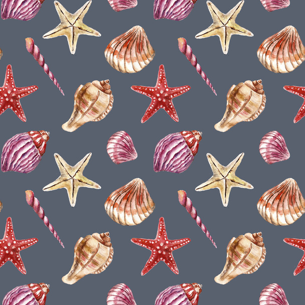 Seamless pattern with sea-shells. Watercolor illustration. - 写真・画像