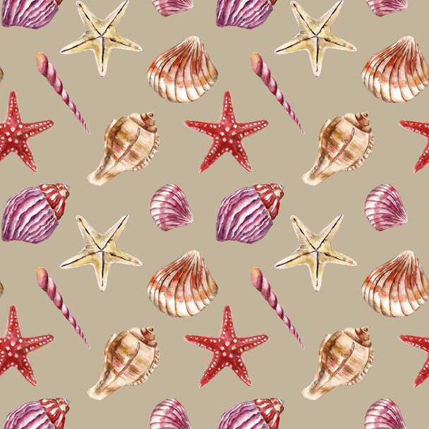 Seamless pattern with sea-shells. Watercolor illustration. - Fotografie, Obrázek