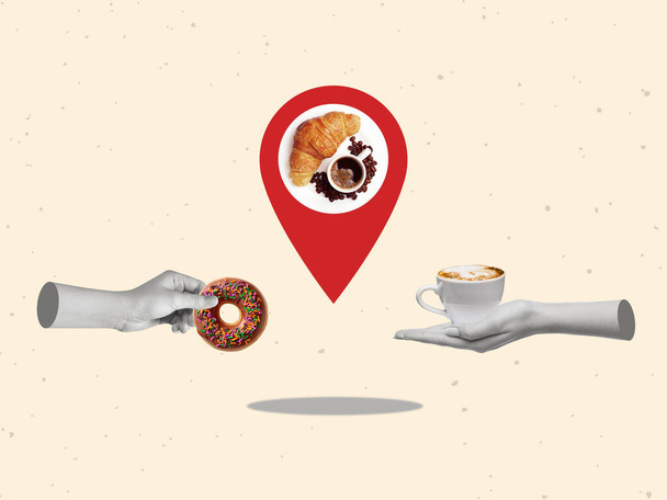 Plate with cup of coffee and croissant on location pin concept for customer visit. Hands showing direction. Copy space. Concept of art, creativity, imagination, poster and ad.  - Photo, image