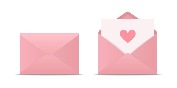 Vector 3d Realistic Closed, Opened Pink Envelope with Heart Icon Set Closeup Isolated. Envelope with Paper Sheet Inside. Invitation, Message, Letter Template. Design Template for Valentines Day Card. - Vetor, Imagem