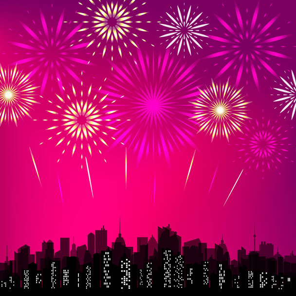City skyline with festive fireworks. Glowing light over the city. Vector holiday cityscape background, - Vector, Image