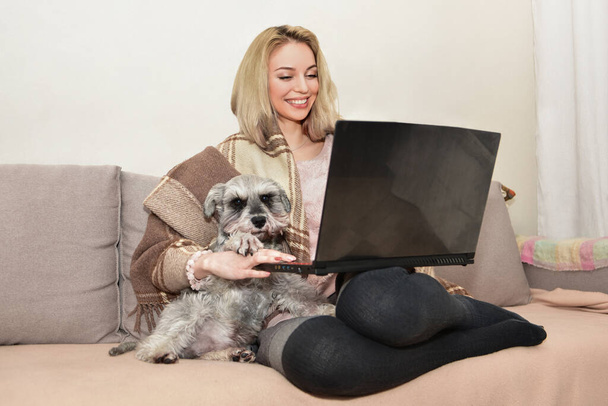 Lovely blond woman smiles and hugging a cute dog on the couch while watching movies on a laptop. - Photo, image