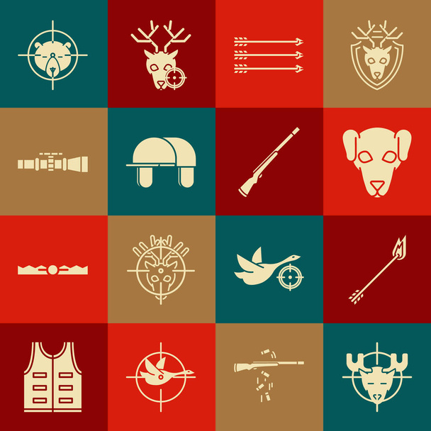 Set Hunt on moose with crosshairs Flame arrow Hunting dog Hipster arrows Hunter hat Sniper optical sight bear and gun icon. Vector. - Vector, afbeelding