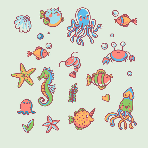 Cute doodle sealife vector greeting card, underwater funny creatures - Vektor, kép