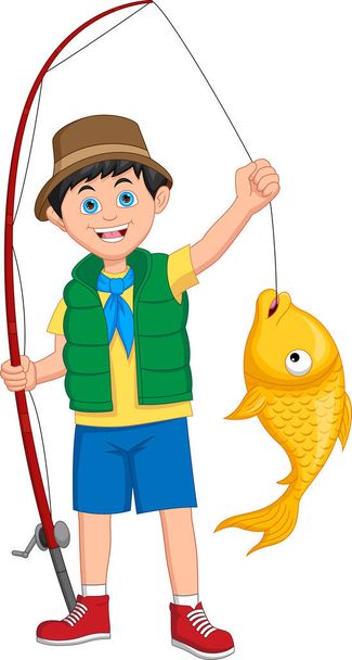 милий хлопчик риболовля мультфільм на білому тлі
 - Вектор, зображення
