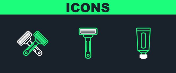 Set line Cream or lotion cosmetic tube Crossed shaving razor and Shaving icon. Vector. - Vector, imagen