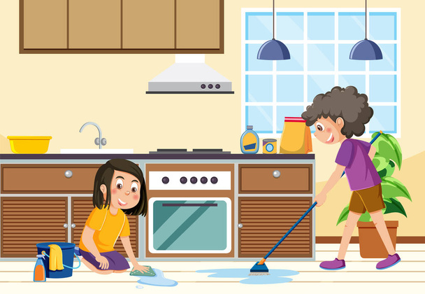Dessin animé enfants nettoyage de la maison illustration - Vecteur, image