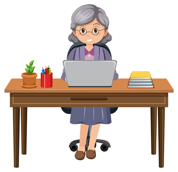 Senior woman sitting in front of laptop illustration - Vector, Image