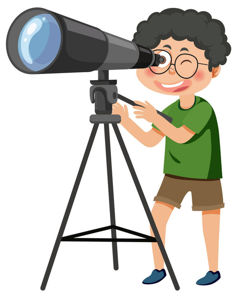 望遠鏡のイラストを見ている男の子 - ベクター画像
