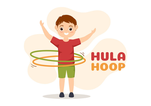 Hula Hoop kuvitus lasten liikunta pelaa hulavanteet ja kuntoilu liikunta tasainen sarjakuva käsin piirretty malleja - Vektori, kuva