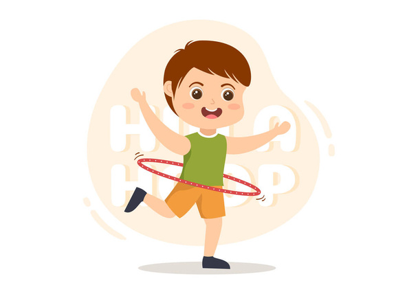 Hula Hoop Illustration with Kids Exercising Playing Hula Hoops and Fitness Training in Sports Activity Flat Cartoon Hand Drawn Templates - Vector, imagen