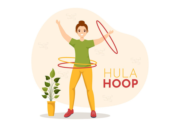Hula Hoop Illustration with People Exercising Playing Hula Hoops and Fitness Training in Sports Activity Flat Cartoon Hand Drawn Templates - Vector, Imagen