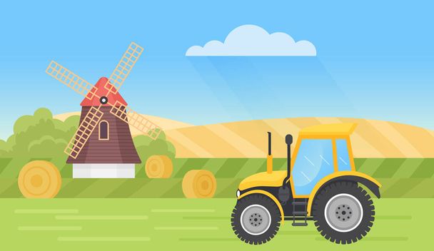 Farm tractor in summer village landscape vector illustration. Cartoon countryside scene with mills and haystacks, cultivated wheat fields on hills, agriculture tractor machine harvesting background - Wektor, obraz
