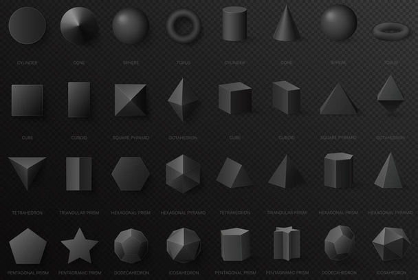 Реалістичні чорні базові геометричні 3d форми у верхній і передній частині ізольовані на темному фоні альфа-передавача
 - Вектор, зображення