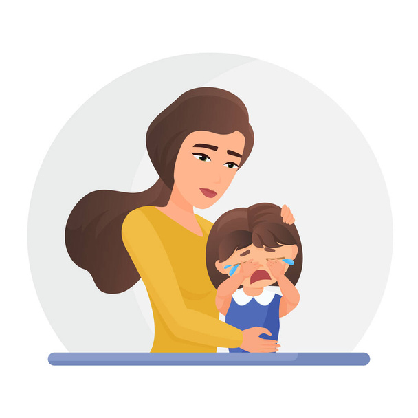 泣いている娘を支える母。精神障害,精神療法の概念 - ベクター画像