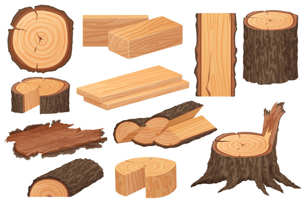 Suroviny pro dřevozpracující průmysl. Kmen stromů, klády, kmeny, dřevěná prkna, pahýly, dřevěná větev - Vektor, obrázek