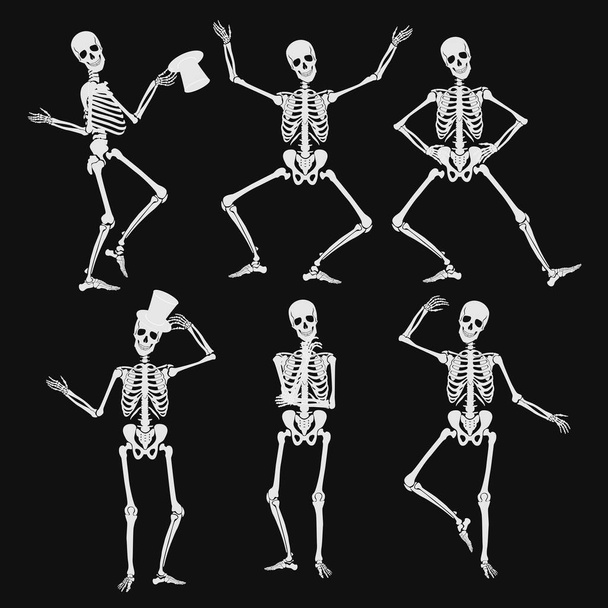 Homan skeletten silhouetten in verschillende houdingen geïsoleerd op zwarte vector illustratie - Vector, afbeelding