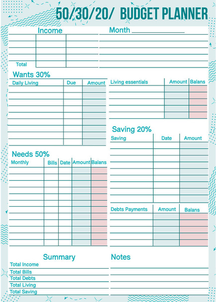 50/30/20 budget planner. Memo to track expenses Retro planner notepad. Clear and simple printable to-do list. Realistic vector illustration. - Wektor, obraz