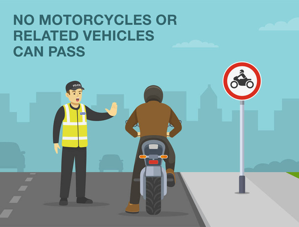 Safe motorcycle riding rules and tips. No motorcycles or related vehicles can pass. Traffic police officer stops biker on road. Back view. Flat vector illustration template. - Vetor, Imagem
