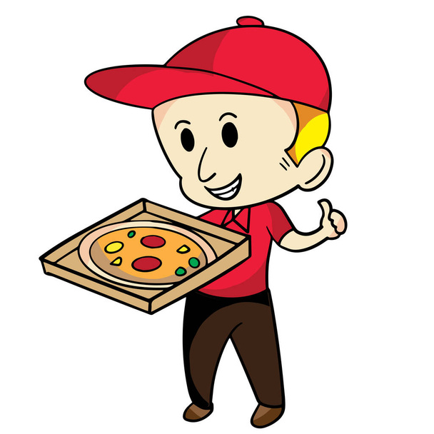 Man in red dress delivery pizza for transport or food concept, Man in red dress delivery pizza  for sticker or present in commercial present your food. - Vector, Image
