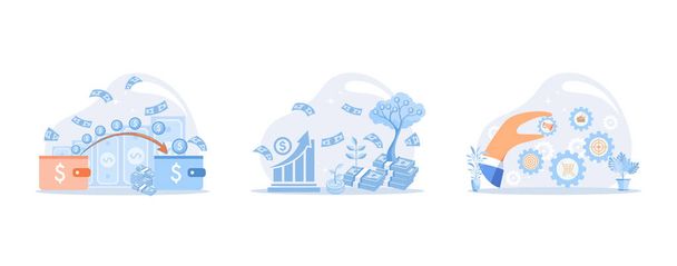 Money transfer, finance and growth, marketing management, business theme set. Teamwork to achieve goal and increase results and profits, accounting audit, set flat vector modern illustration - Vektor, kép
