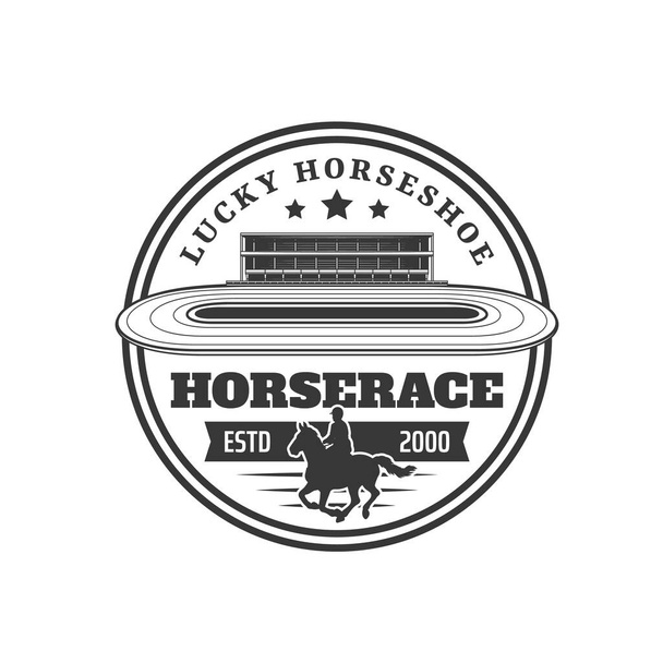 Horserace kuvake hevosurheilun kilpailua. Vektori hevonen tai kilpahevonen eläinten ja jockey siluetteja hippodromi eristetty pyöreä merkki derby, hevonen rodun turnaus tai ratsastuskerho - Vektori, kuva