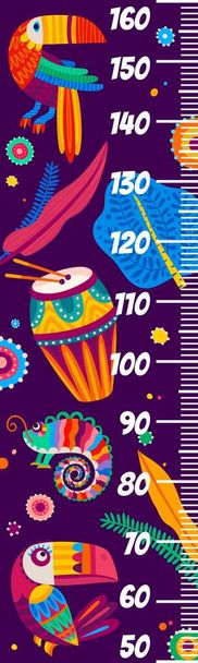 Kids height chart. Brazilian toucan and drum, mexican chameleon. Child growth measure meter vector scale, height centimeter chart with colorful cartoon jungle birds, lizard animal and plant leaves - Vector, Image