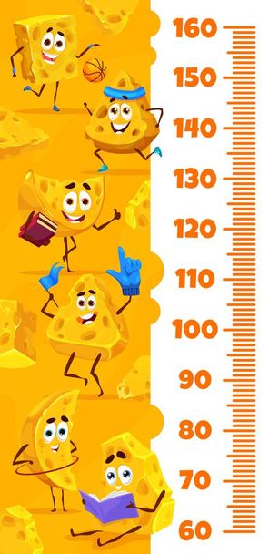 Kids height chart cartoon maasdam and gouda cheese characters. Vector altitude scale with funny dairy food personages activities and fun. Growth meter, wall sticker for children height measurement - Vector, afbeelding