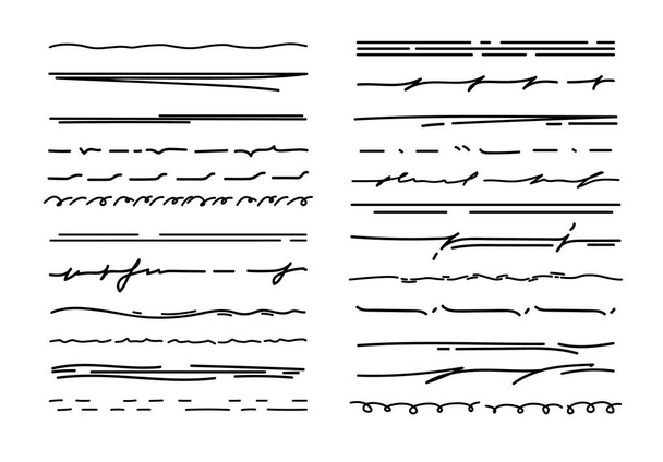 Underline scribble doodle lines, pencil strokes or brush and pen marker vector lines. Hand drawn scribble underlines or freehand line dividers and highlights of black ink marker or felt tip pen - Vector, afbeelding