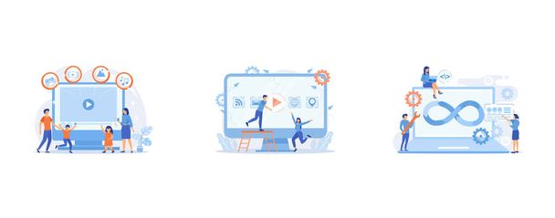 Tiny people family with kids watching smart television content, Pinkish coral, Programmers working on project, set flat vector modern illustration - Vetor, Imagem