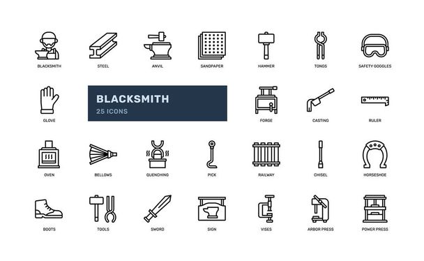 blacksmith metalwork profession iron steel forging detailed line outline icon set - Vektor, kép
