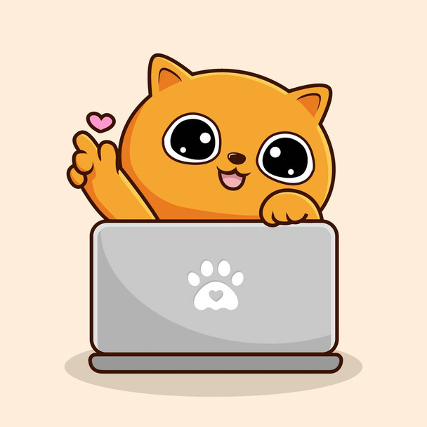 Orange Cat Kawaii Playing Laptop Cartoon - Orange Pussy Cat Love Hand Vector - Vektor, Bild