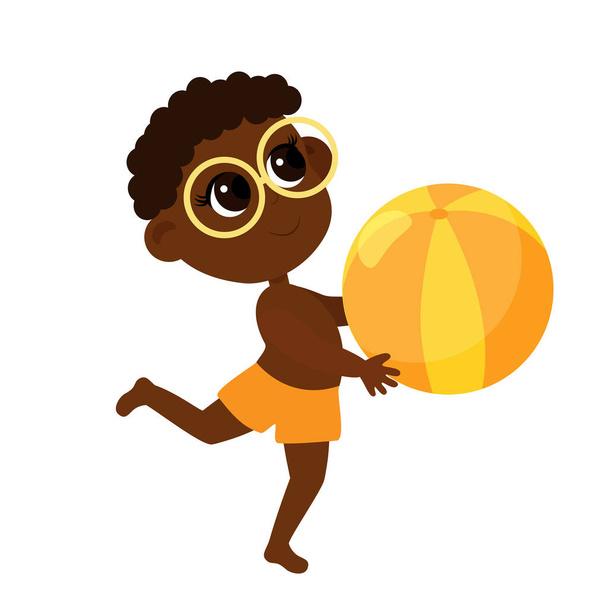 Boy African or African American in summer beach shorts and glasses take the ball in his hands. Cartoon illustration of a child isolated on a white background. - Vettoriali, immagini