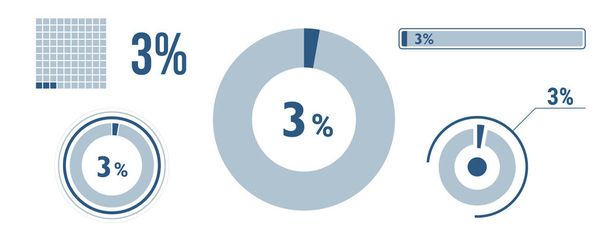 3 percent loading data icon set. Three circle diagram, pie donut chart, progress bar. 3% percentage infographic. Vector concept collection, blue color. - Vektori, kuva
